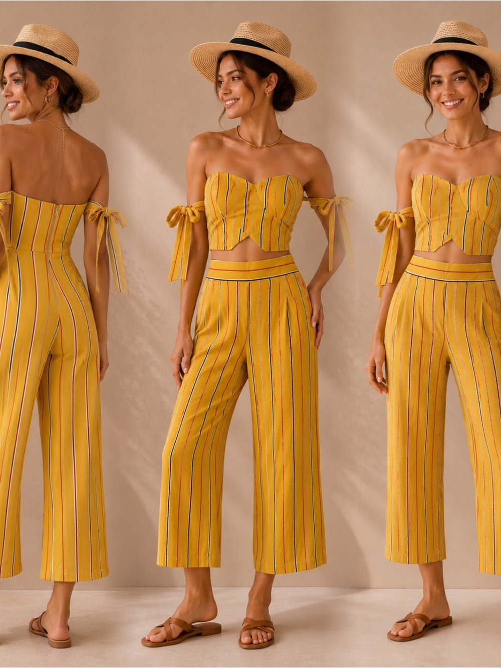 Iris Basic Yellow Striped Strapless Crop Jumpsuit